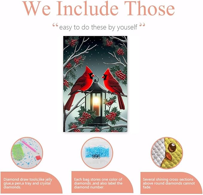 GUAIEUW Candle Flame Red Bird Diamond Painting Kit for Adults, Full Round Diamond Cardinal Bird 5D Diamond Painting DIY Art Crafts for Winter Home Wall Decor Holiday Gift 16x24 Inch