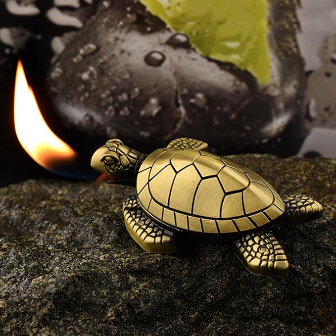 Torch Lighter - Turtle Shaped Refillable Gas Adjustable Flame Lighter, Unique Gift for Men & Women, Decorative Tabletop Lighter for Home & Office (Without Butane)-Titanium Gold