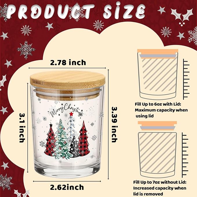 Ziliny 12 Pack 7 oz Christmas Glass Candle Jar with Wood Lids Xmas Classical Thick Empty Jars for Making Candles Small Holiday Container Bulk for Gifts Making DIY Party Supplies Accessories