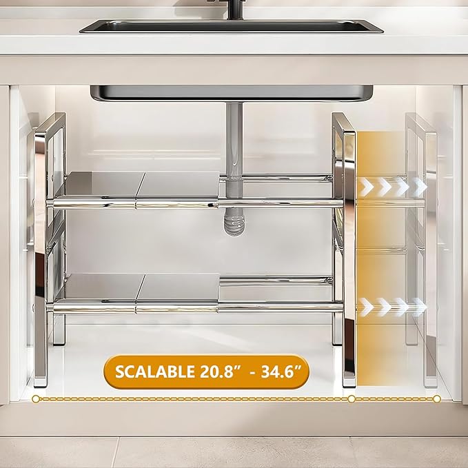 Large Under Sink Organizer 2 Tier Expandable Heavy Stainless Steel Shelf Adjustable Height for Under Kitchen Bathroom Sink Organizers and Storage (Large Size: 8 Panels)