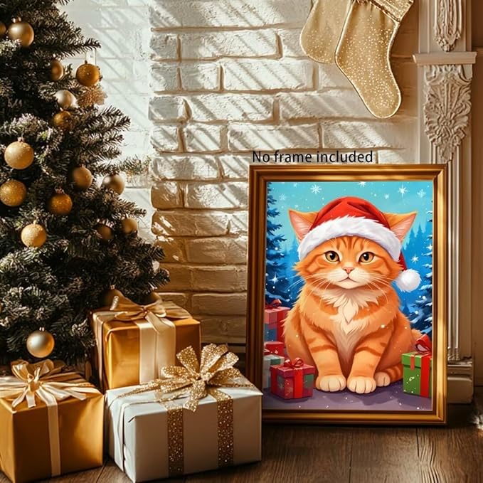 QZOTRXI Christmas Cat Diamond Painting Kits, Cat Winter Diamond Art Kits for Adults, Animal 5D Diamond Art Painting, DIY Round Diamond Dot for Home Wall Decor Gifts 20x24 Inch