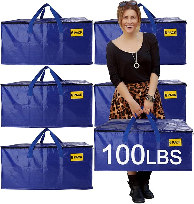 6 Pack Waterproof Moving Bags with Strong Zippers and Reinforced Handles, Real 100lb Capacity Extra Heavy Duty Large Storage Totes for Packing & Moving Storing, Alternative to Moving Boxes -95L,Blue