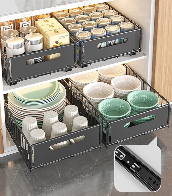 YunNasi Pull Out Cabinet Organizer Slide Out Drawer Storage Shelves Cupboard Organiser Sliding Cabinet Basket for Kitchen No Drilling and Nailing (Black, 2Piece 9.8" W X15 D X 7.5" H)