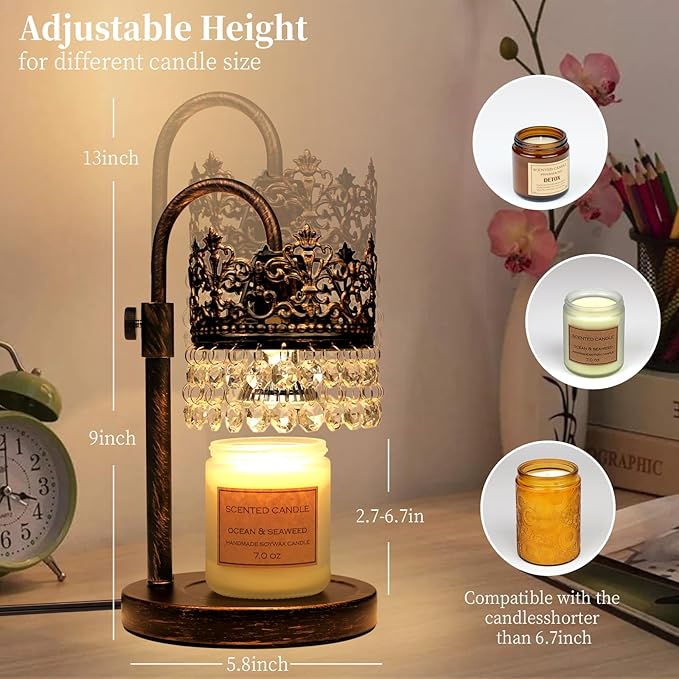 Candle Warmer Lamp with Timer Dimmer Adjustable Height with 2 Bulbs Crystal Candle Lamp Elegant Home Decor for Valentine's Day Gift Wax Melt Warmers for Women Birthday Gift (Black Gold Brushed)