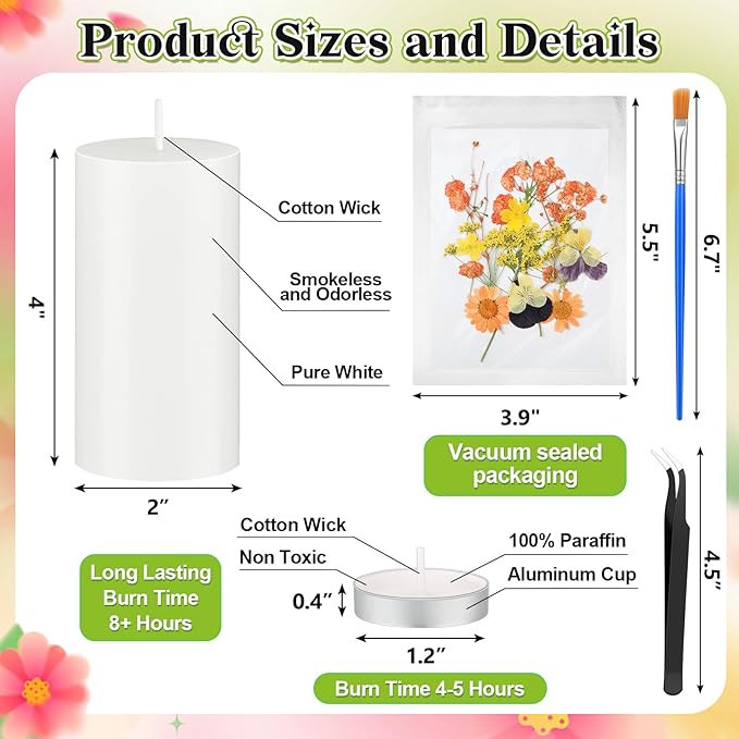 MTLEE 24 Pack Dried Pressed Flower Candle Painting Kit 6 White Pillar 6 Dried Pressed Flower 10 Tealight Candle Tweezer Brush for Galentines Girls Night Birthday Wedding Party DIY Crafts(4/6/8 Inch)