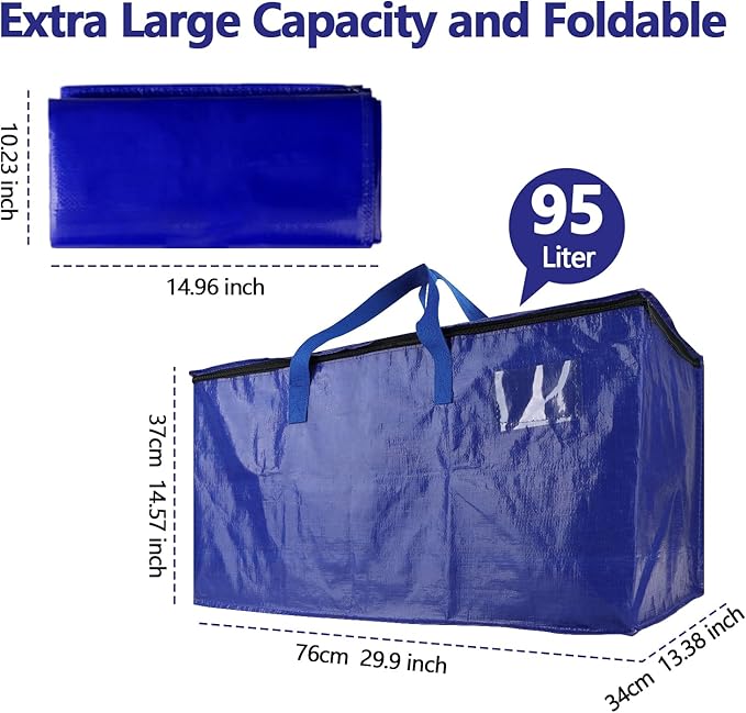 6 Pack Waterproof Moving Bags with Strong Zippers and Reinforced Handles, Real 100lb Capacity Extra Heavy Duty Large Storage Totes for Packing & Moving Storing, Alternative to Moving Boxes -95L,Blue