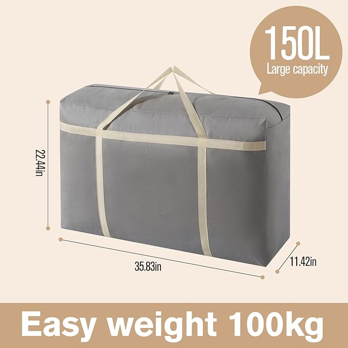 4 Pack 150L Extra Large Moving Bags with Zippers & Carrying Handles, Heavy-Duty Storage Tote Moving Boxes for Space Saving(grey, 4Pack*150L)
