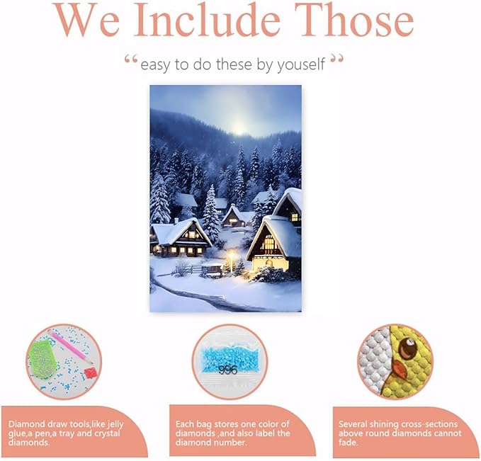 GUAIEUW Frameless Canvas Winter Snowy Houses Diamond Painting Kit DIY 5D Full Round Diamond HD Picture Diamond Dot Painting Art Craft Gift, Wall Decor Living Room Office Hangable 16x20 Inch