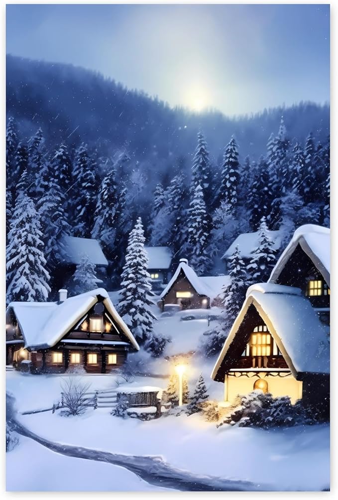 GUAIEUW Frameless Canvas Winter Snowy Houses Diamond Painting Kit DIY 5D Full Round Diamond HD Picture Diamond Dot Painting Art Craft Gift, Wall Decor Living Room Office Hangable 12x16 Inch