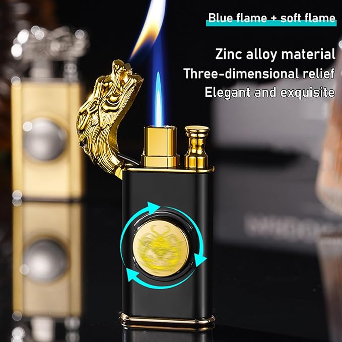 Torch Lighter, Magic Dual Flame Dragon Lighters with Adjusting Flame Tool, Creative Windproof Cool Design, Refillable Butane Lighter Gifts for Men Friend Outdoor Indoor(Without Butane)-Gold Crocodile