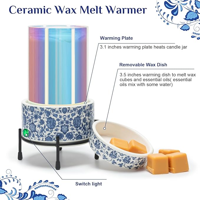 NAFANG Blue & White Porcelain Pattern Wax Melt Warmer,Ceramic 3-in-1 Electric Candle Wax Warmer for Scented Wax Melter Oil Burner for Home Office Bedroom Gift & Decor (with KD Iron Shelf)