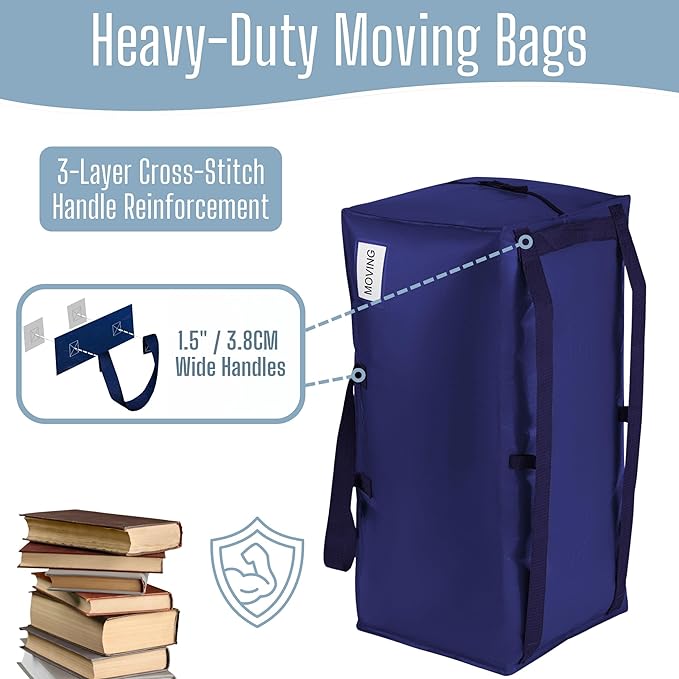 VENO 12 Pack Moving Bags w/Backpack Straps, Heavy Duty, Moving Boxes Alternative, Packing Supplies, Large Storage Totes for Dorm Room Essentials with Zipper for Clothes (Blue, 12 Pack)