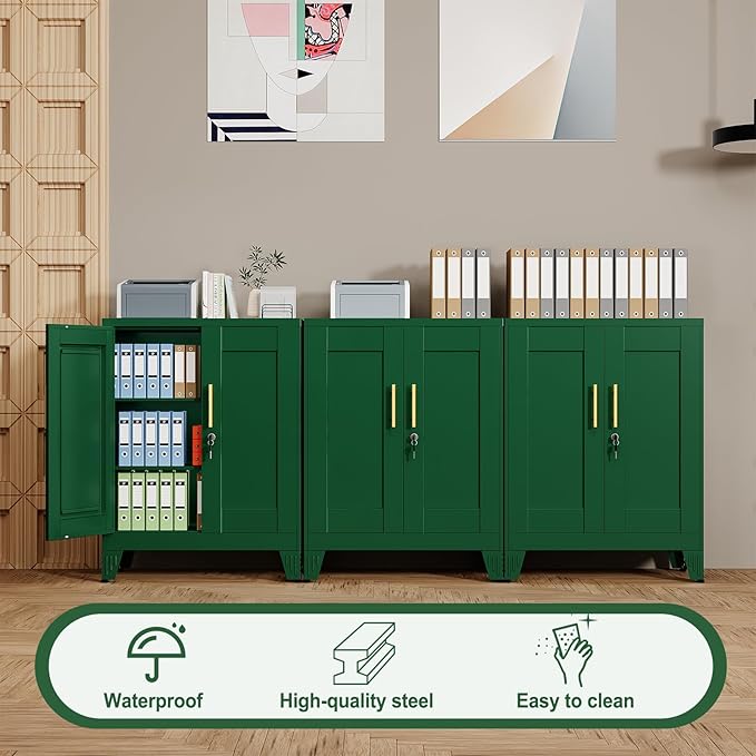 Green Metal Storage Cabinet, 36" Tall Locking Storage Cabinet with 2 Adjustable Shelves, Steel Locker Organizer, for Office, Home, School