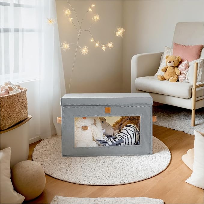 Small Fabric Storage bins - Collapsible Storage Bins with Open Window, 3 Pack Closet Baskets for Shelves, Stackable Decorative Boxes for Home, Dorm, Grey, 13.7"x 9.8" x 9.8"