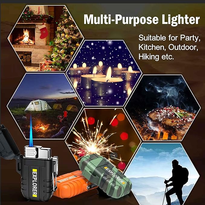 Torch 2 Pack Windproof Outdoor Gas Lighter - Adjustable Jet Flame, Fireplace, Fireworks, Grill, Camping, BBQ - Gifts for Men (Orange+Camo) (Without Butane)