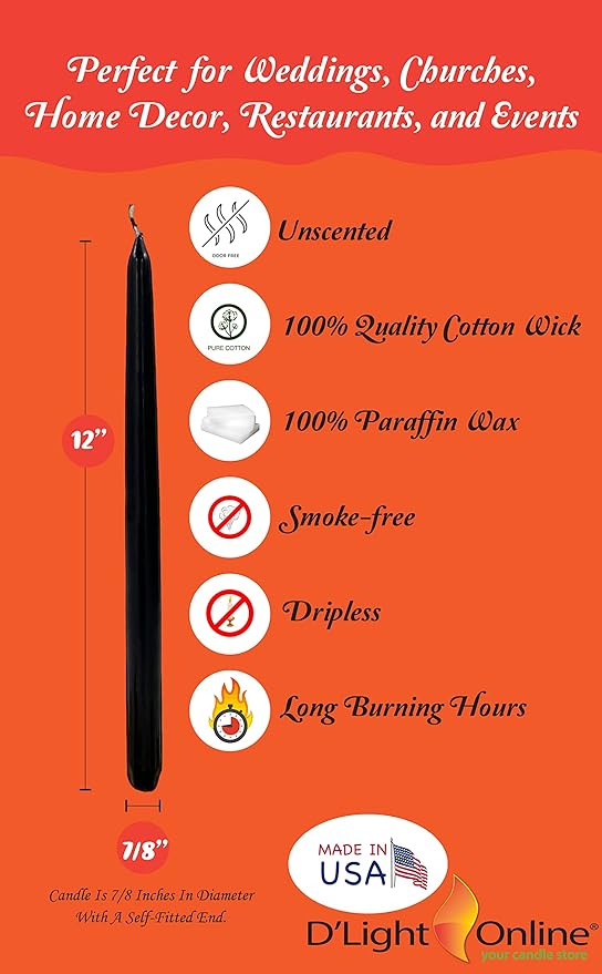 D'light Online Elegant Unscented 12" Black Taper Candles Premium Quality Hand-Dipped Tapered Candles, Dripless and Smokeless - Set of 12 Individually Wrapped (12 Inch, Black)