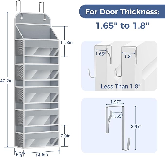 COOLBEBE Over the Door Organizer, 5-Shelf Door Organizer Hanging with10 Side Pockets, 44LB Behind the Door Organizer for Bathroom Bedroom Closet and Baby Essentials (1PC, Grey)
