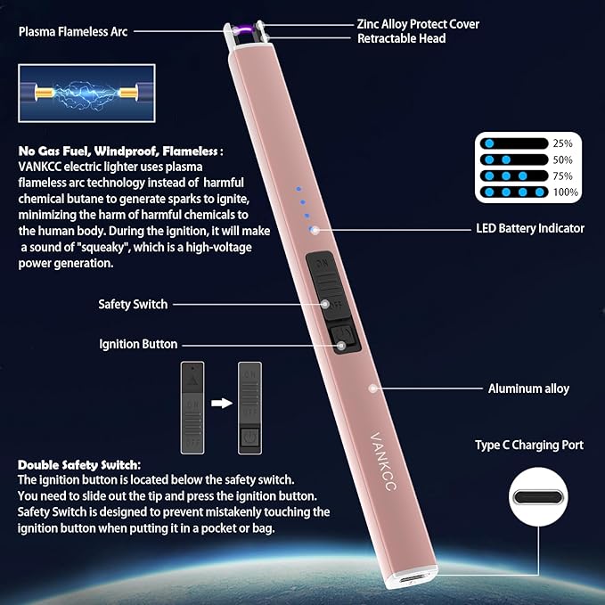 Electric Candle Lighter Plasma Arc Lighters Long USB Rechargeable Lighters Windproof Flameless with Double Safety Lock for Candle BBQ Camping (Rose Gold)