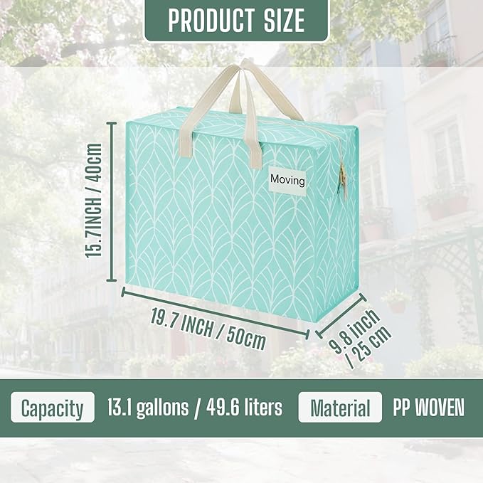 VENO 4 Pack Heavy Duty Moving Bags, Storage Bags, Packing Supplies, Top Zipper, Storage Totes for Camping, Clothes, Bedding, Comforters, Pillows (13 Gallon,Evergreen, 4 Pack)