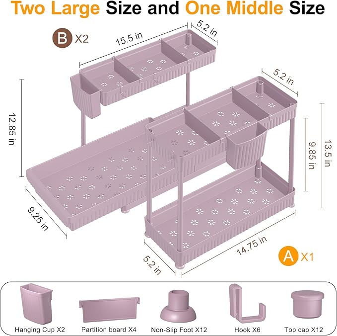3 Pack Multi-Purpose Under Sink Organizers and Storage, 2026 L-Shaped Pull Out Cabinet Organizer for Bathroom & Kitchen, Under Cabinet Organizer with Hooks Hanging Cup (Pink, 12.85 inch)