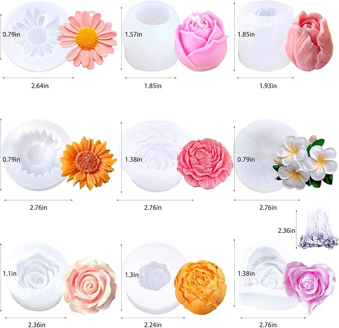 9 PCS Flower Candle Molds for Valentine‘s Day Rose Tulip Silicone Candle Mold Flower Shapes Moldes De Rosas Silicona para Velas for Soy Wax, Beeswax, Candle Making, Resin Craft