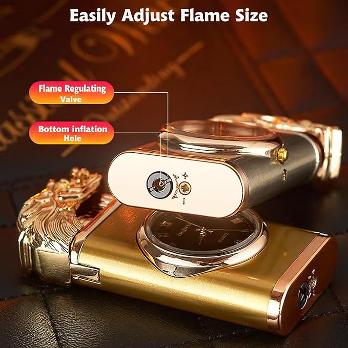 Magic Dragon Dual Flame Windproof Lighter - Adjustable Flame, Refillable Butane Gas for Men, Women, Outdoor Candle - Black
