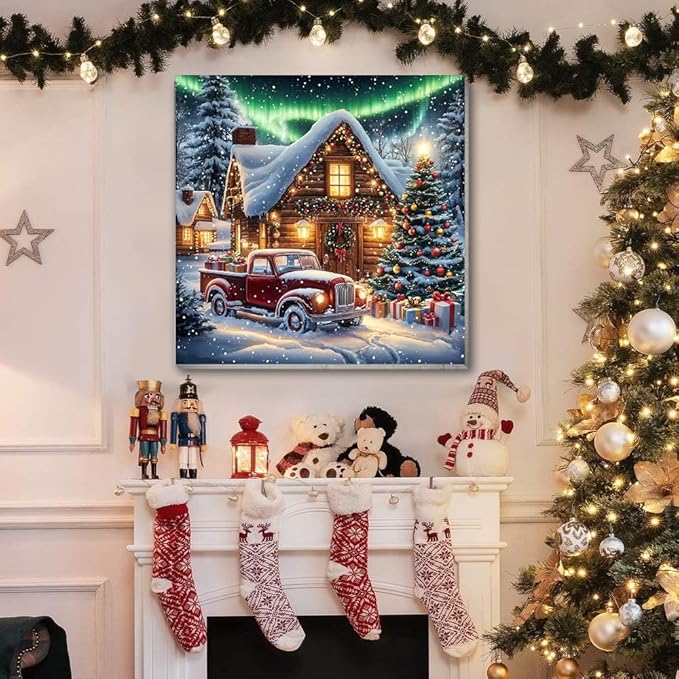 VIGEGU Christmas Paint by Numbers Kit for Adults with Framed,Winter Truck Christmas Tree House Aurora Landscape Paint by Number DIY Adult Paint by Number Kits for Wall Decor 12x12in