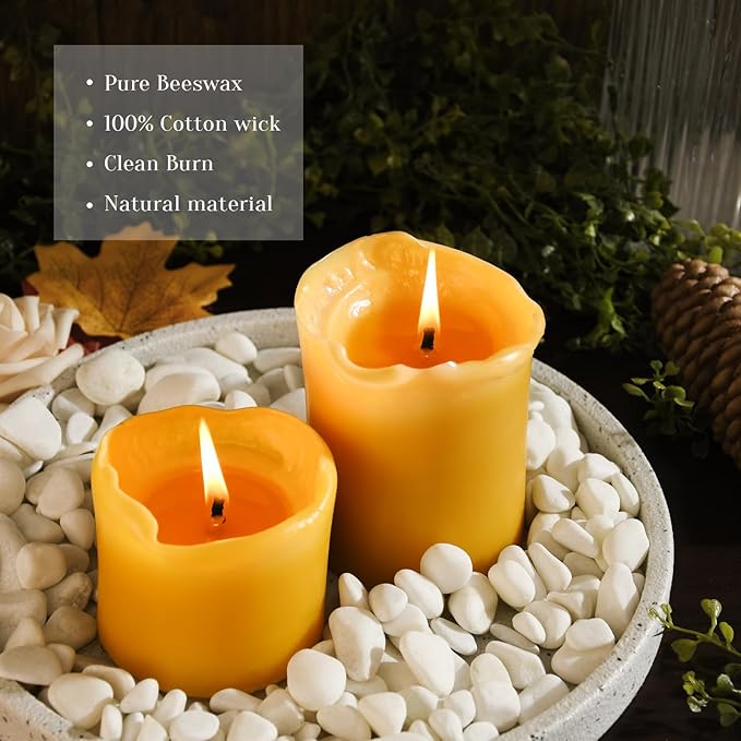3 inch Thick Natural Yellow Beeswax Pillar Candles - 3 Pack - 100% Pure Bees Wax Candles 6 inch Tall, Long Burning, Unscented Smokeless & Dripless, for Emergency, Prayer, Home Decor, Relaxation