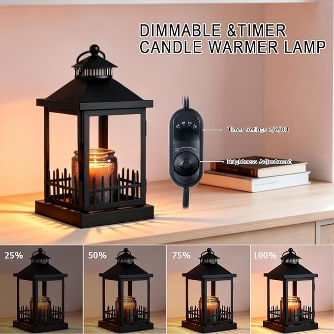 Candle Warmer Lamp with Timer,Compatible with 3 Wick Candles Jars,Dimmable Farmhouse Candle Lamp Warmer,Lantern Candle Warmer Lamps Fully Enclosed and Hanging Up Designed