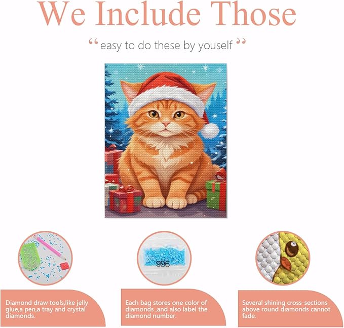 QZOTRXI Christmas Cat Diamond Painting Kits, Cat Winter Diamond Art Kits for Adults, Animal 5D Diamond Art Painting, DIY Round Diamond Dot for Home Wall Decor Gifts 20x24 Inch