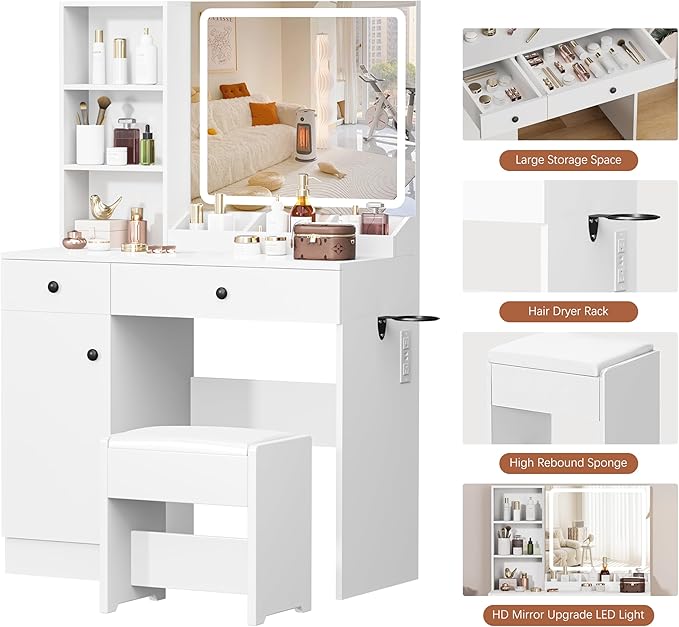 YIKEHOME White Makeup Vanity Desk with Mirror and Lights, Makeup Table with 2 Large Drawers, 3 Color Modes Adjustable Bulb, Power Outlet and Round Holder, Dressing Table for Women Girls Bedroom