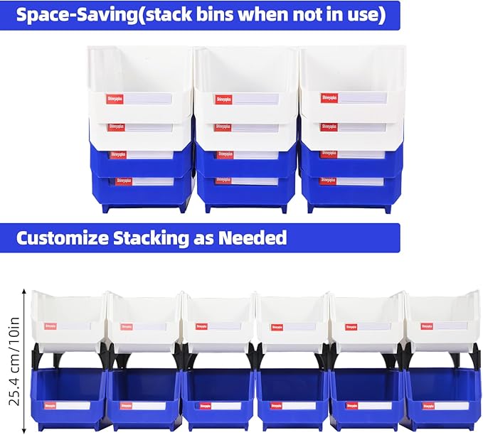 Stackable Storage Bins 12 Pack (7x5x4 Inch), Plastic Stackable Storage Organizer Bins Wall Mounted Hanging Small Parts Bin for Garage, Workbench & Office (Blue & White)