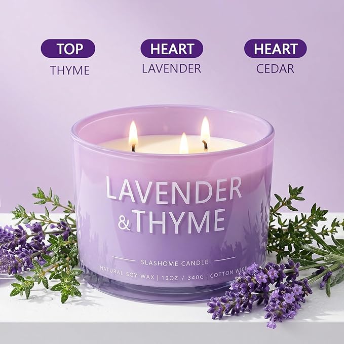Lavender Thyme Scented Candle, Luxury Large 3 Wick Soy Candle 12 Oz, 60+ Hour Long Lasting Clean Burn, Elegant Aromatherapy Home Decor, Housewarming & Birthday Gift for Men & Women