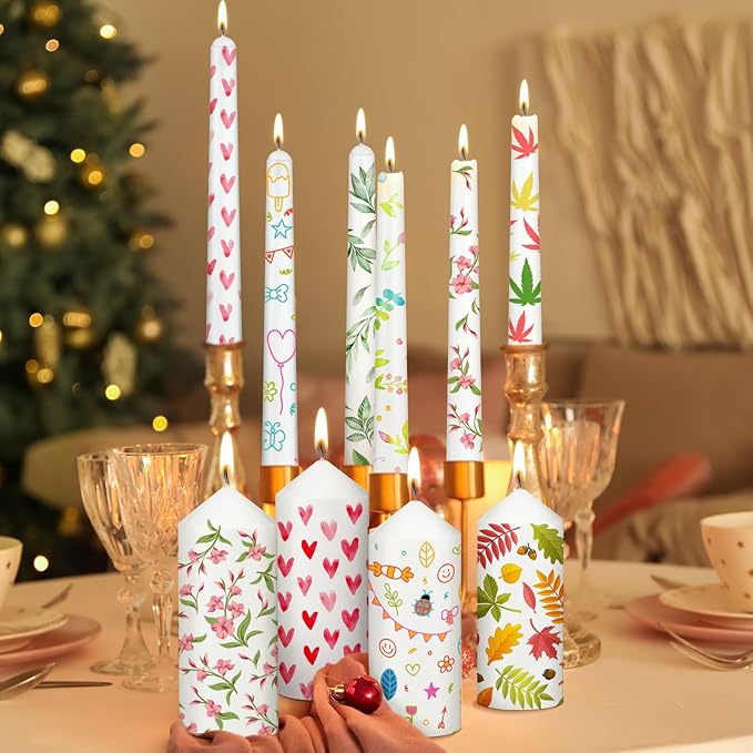 MTLEE 54 Pcs DIY Candle Painting Kit Include White Candles Colorful Acrylic Paint Strips and Paintbrushes for Crafts Making Wedding Birthday Party Centerpiece(Pillar, Taper)
