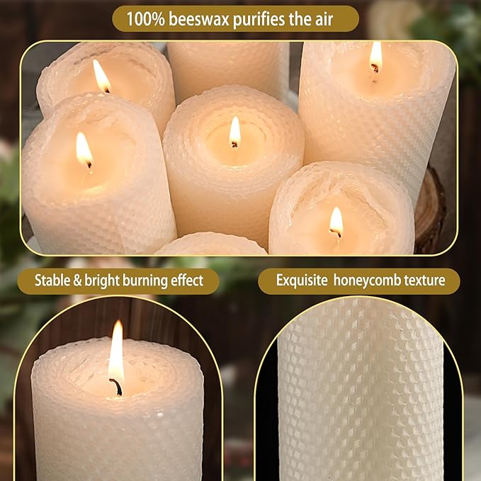 8 Packs Beeswax Pillar Candles - 360 Hours Long Burning, Handmade Handcrafted Honeycomb Bees Wax Candle for Home, Prayer, Unscented Pillar Candle (2.8x6 in)