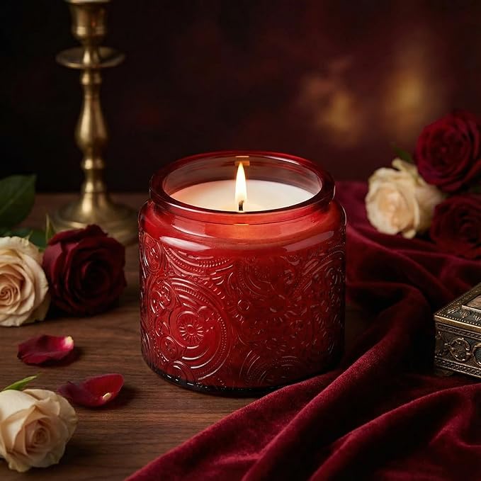 Art Secret 9 Pack 10oz Sun Moon Star Embossed Glass Candle Jars with Mirror Lid, Patented Design for Candle Making (Red)