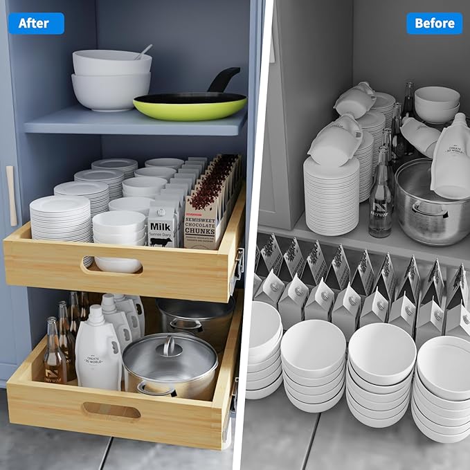 2 Set Pull Out Cabinet Organizer, Soft Close Slide Out Wood Drawer Storage Shelves for Kitchen, Base Cabinet Organization for Pantry, Finished, Heavy-Duty, Bottom Assembly (30” W x 21” D)