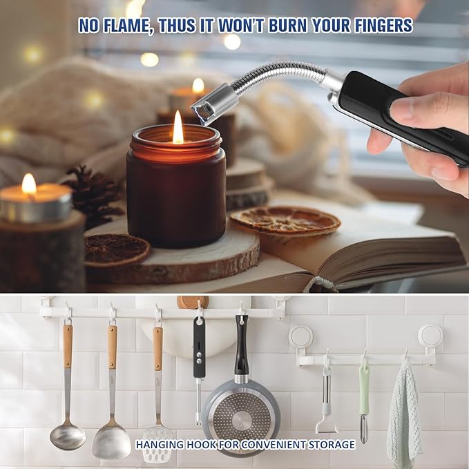 Lighters for Candle,Flameless Plasma Arc Electric Lighter USB C Rechargeable, Long Flexible Neck with Safety Switch for Birthday, Fireplace, Stocking Stuffers Gifts (Black)