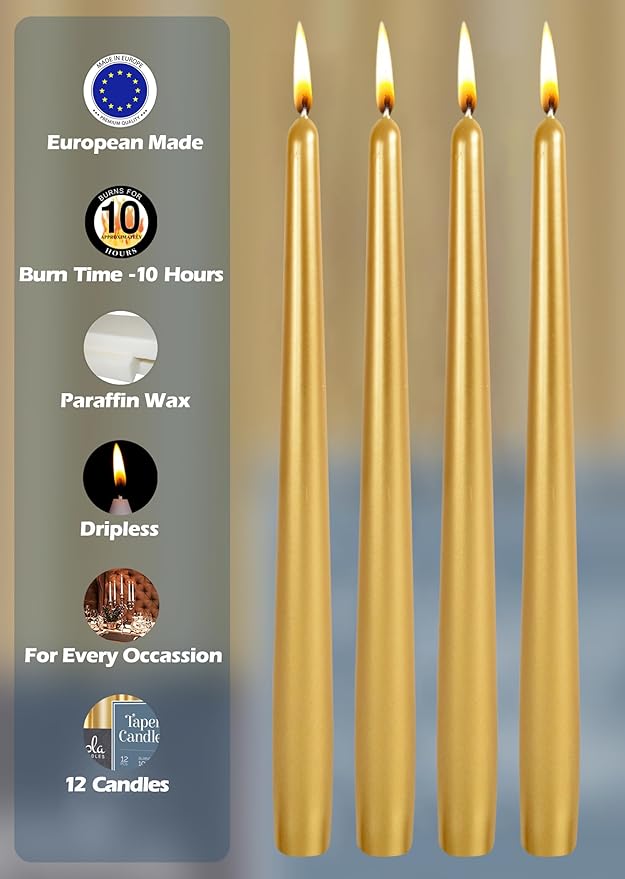 12 Pack Tall Taper Candles - 12 Inch Metallic Gold Dripless, Unscented Dinner Candle - Paraffin Wax with Cotton Wicks - 10 Hour Burn Time