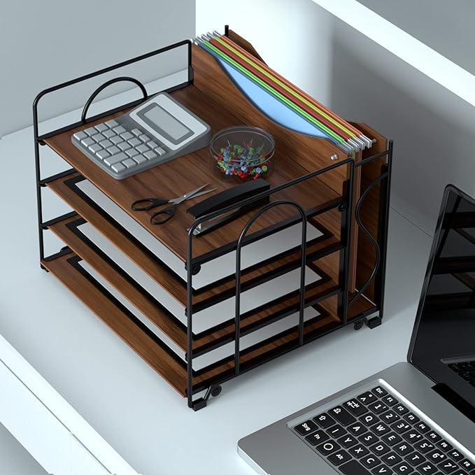 LUCYCAZ File Organizer for Desk - Paper Organizer, 4 Tier Wood Desk Organizer for Hanging File Folders Letter Size or A4 Size, Desktop File Organizer for Office School and Home, Black
