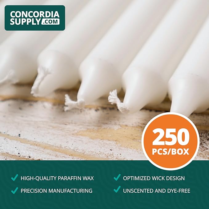 Concordia Supply Church Candles for Candlelight Service Vigil - 4.25" x 1/2" Bulk White Candles for Memorial, Congregational, Shabbat, Wedding, Communion, Baptism & Christmas Ceremonies - Box of 250