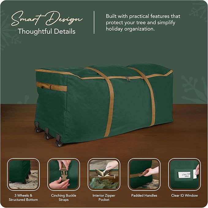 Covermates Keepsakes Christmas Tree Rolling Cinch Bag – Heavy-Duty Polyester Holiday Storage with Wheels, Reinforced Handles & Cinch Straps – Durable Christmas Tree Storage Solution, Green