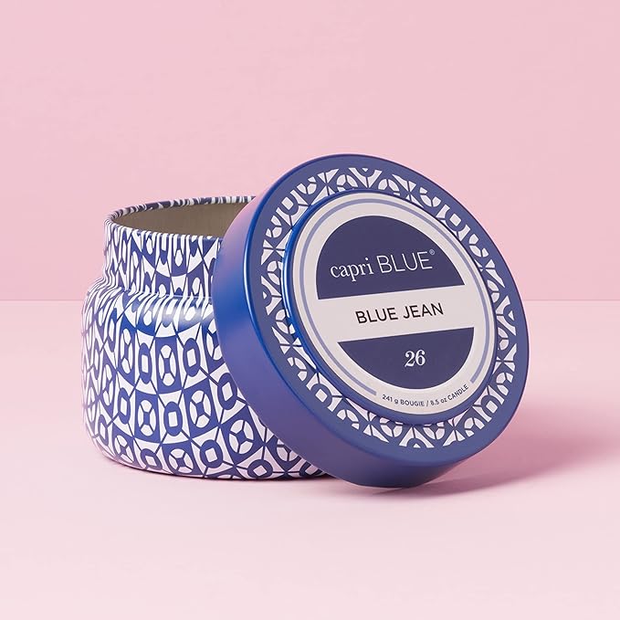 Capri Blue Printed Travel Tin Jar - Luxury Candle with a Soy Wax Blend - Scented Candles for Home with Notes of Citrus, White Musk & Patchouli (Blue Jean, 8.5 oz)