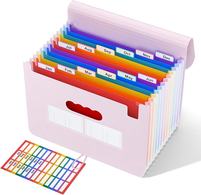 ABC life 12-Pocket Accordion File Organizer, Expandable File Folder with Colorful A-Z Tabs, Portable Bill & Receipt Organizer, Desktop Letter/A4 Document Storage for Home & Office-Pinkish Purple