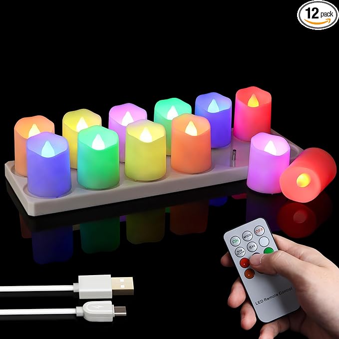 12pcs Rechargeable Flameless Tea Lights RGB with Charging Base and Remote Timer, Color Changing Flickering Electric LED Votive Fake Candles, USB Cable Included