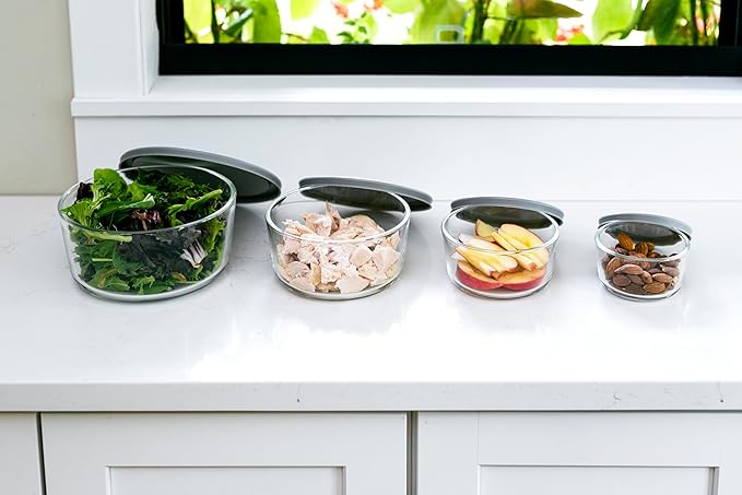 DURA LIVING 8-Piece Glass Food Storage Containers Set (4 Containers + 4 Lids) | Round, Nesting, Microwave & Dishwasher Safe | BPA-Free, Space-Saving | Grey Lids for Pantry & Kitchen Organization