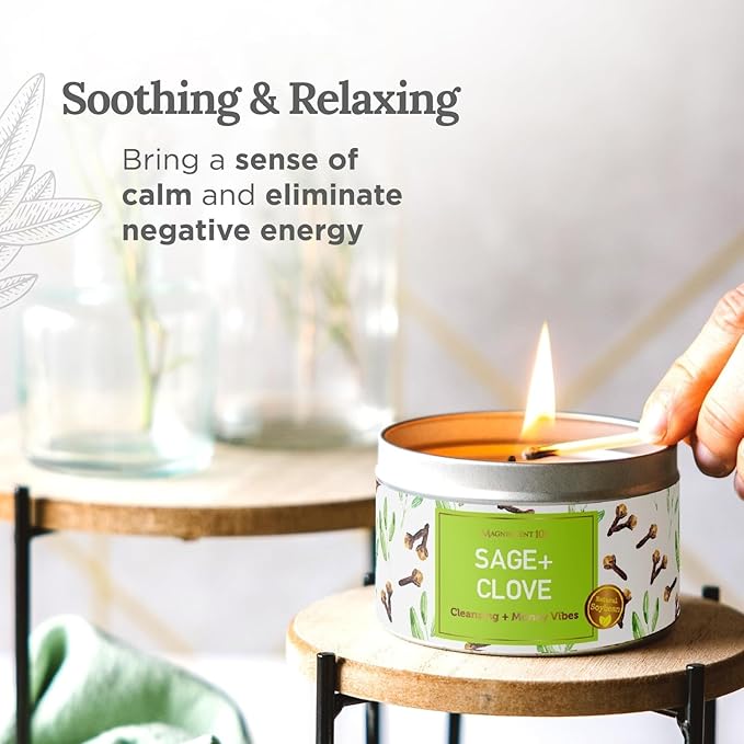 MAGNIFICENT 101 Sage & Clove Aromatherapy Candle - 6 Oz White Soy Wax - 35-Hour Burn Time - Long Lasting Sage & Energy Cleansing - Manifestation & Spiritual Decor