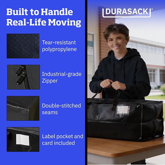 DURASACK Heavy Duty Moving Bag Storage Container Duffle Bag with Zipper, Reinforced Carry Straps and Backpack Straps, Made of Rugged Woven Polypropylene, Pack of 4, Black