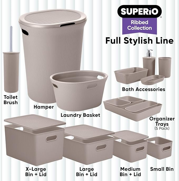 Superio Decorative Plastic Basket Open Home Storage Bins Organizer Baskets, Large Taupe (8 Pack) Container Boxes for Organizing Closet Storage Bins for Shelves Drawer Shelf, 15 Liter