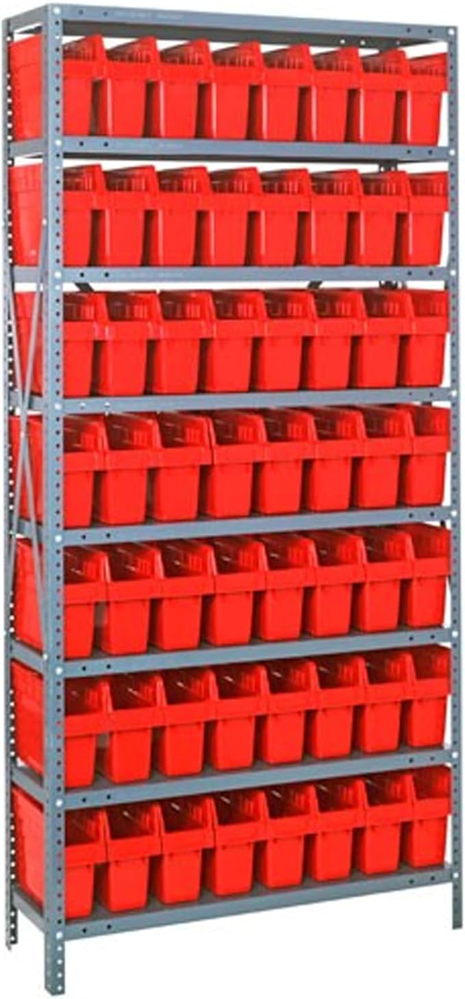 Quantum Storage Systems 1875-SB803RD Solid Heavy Duty 8 Shelves 56 STORE-MAX Red Bins 75" H x 36" W x 18" D